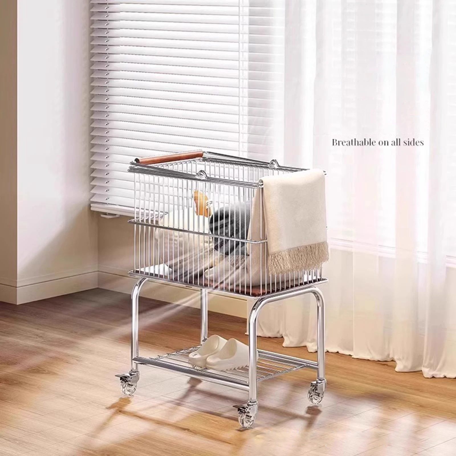 

Проволочная корзина для белья с колесами и ручкой. Удобная мобильная стойка для одежды. Экономия места для дома. Квартира. Гостиная. Колледж.