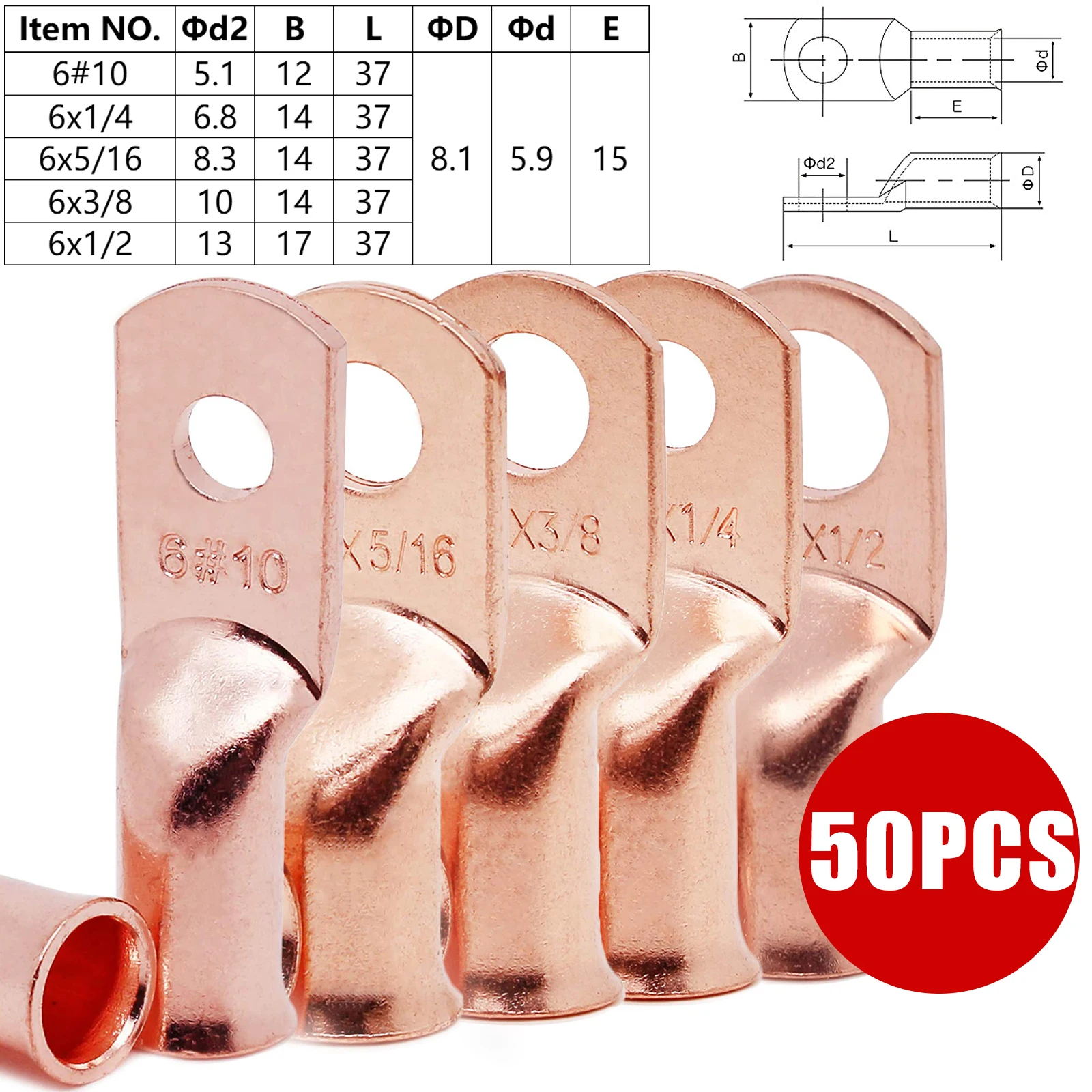 

GIE.TOP 50PCS Gauge Battery Cable Copper Tubular Ring Terminals Crimp Wire Heavy Duty R Lugs 6AWG #10 1/4" 5/16" 3/8" 1/2"