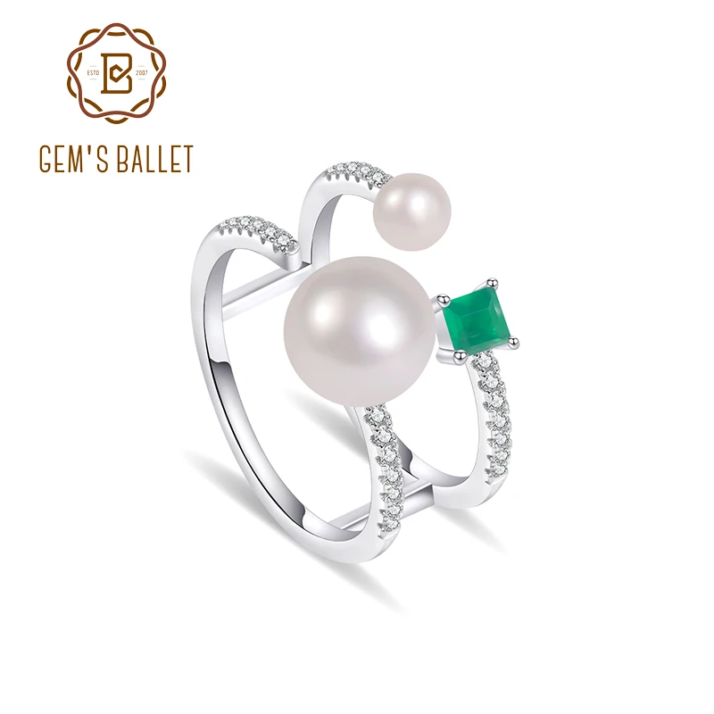 GEM'S BALLET 8mm White Freshwater Pearl Ring with Green Agate 925 Sterling Silver Finger Ring June Birthstone Fine Jewelry