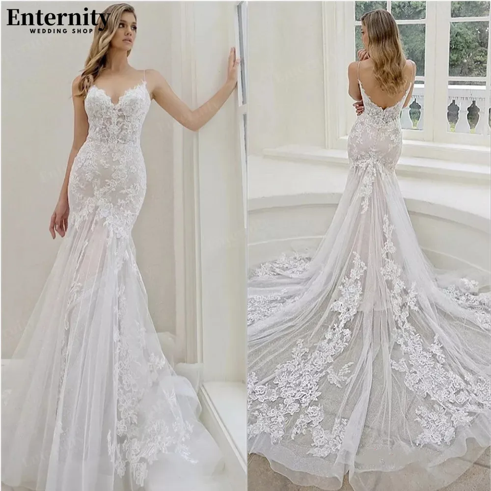 

Customized V Neck Lace Appliques Mermaid Bridal Gown Spaghetti Strap Backless Wedding Dress For Women Sweep Train Robe De Mariée