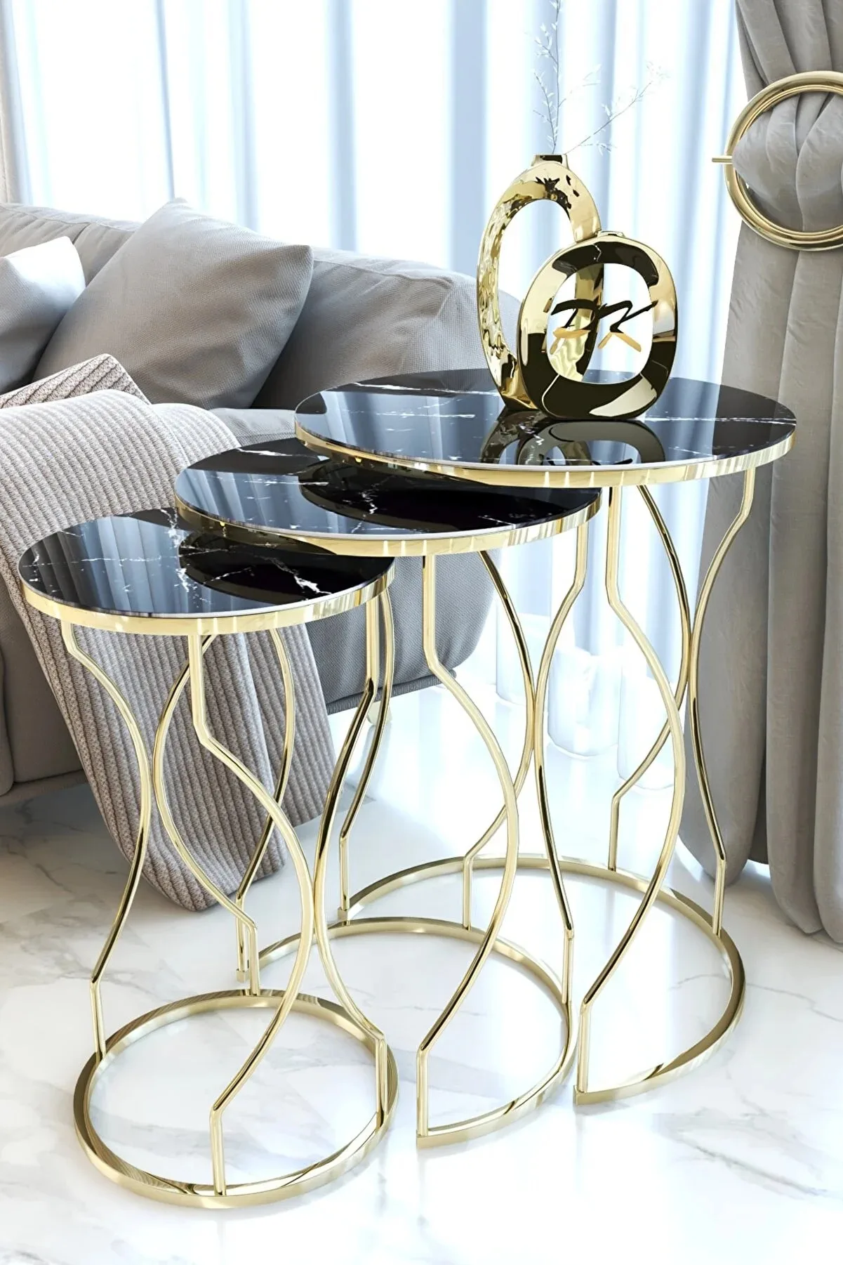 Decorative Set of 3 Nesting Coffee Table Unbreakable Tempered Glass Unique Modern Marble Patterned Gold Leg Set for Living Room