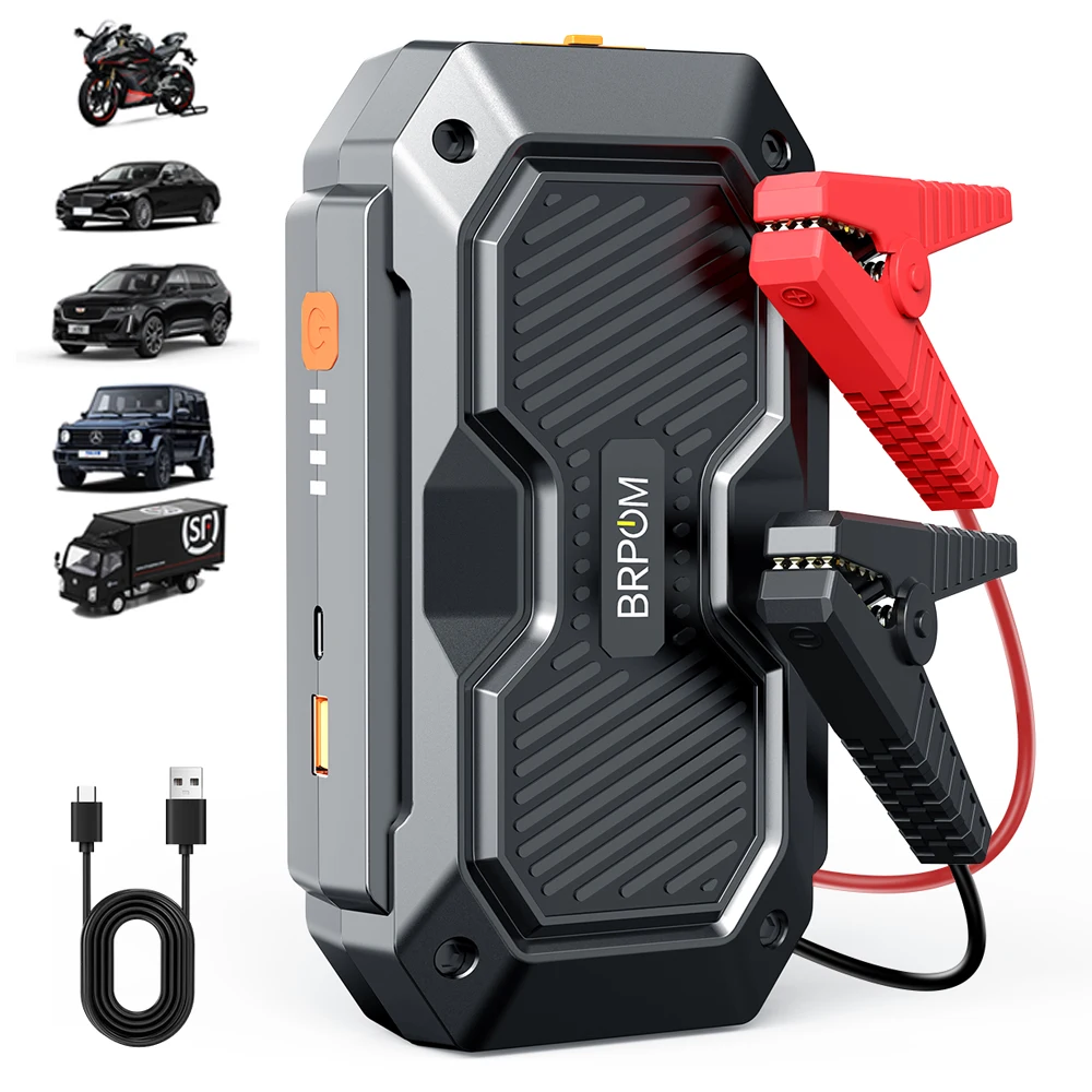 BRPOM Avviatore di Emergenza Portatile per Auto, Caricabatterie per Auto 8000A, Pacco Avviatore di Emergenza (Tutti i Motori a Benzina/8.0L Diesel), Power Bank con Uscite USB QC3.0, Luce di Emergenza