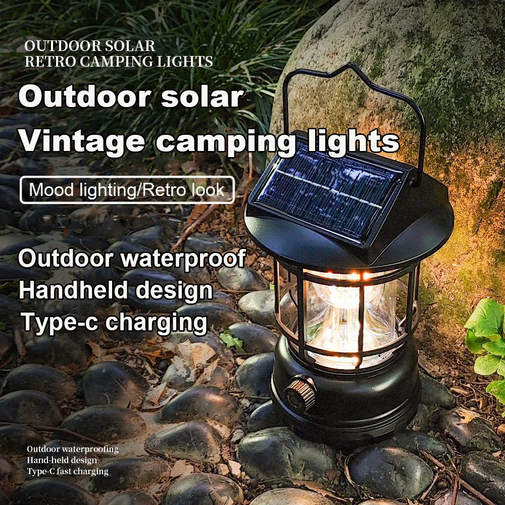 

Solar Camping Tent Lantern Rechargeable Vintage Pendant Light Portable Stepless Dimming And Hook Waterproof For Adventure picnic