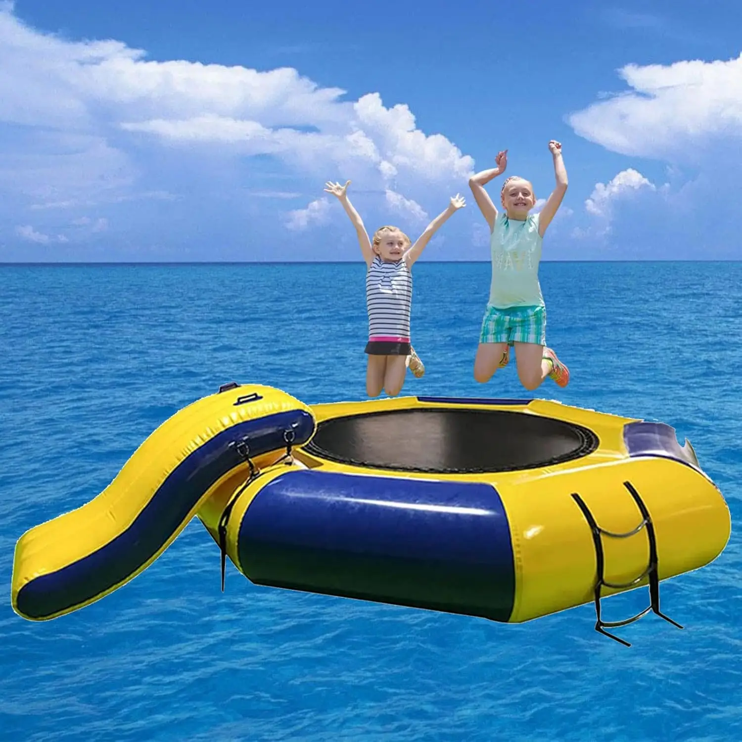 Grote 10/13/16FT opblaasbare watertrampoline en glijbaan / vrije tijd drijvende stuiterende zwemplatformtrampoline voor meren, zwembaden