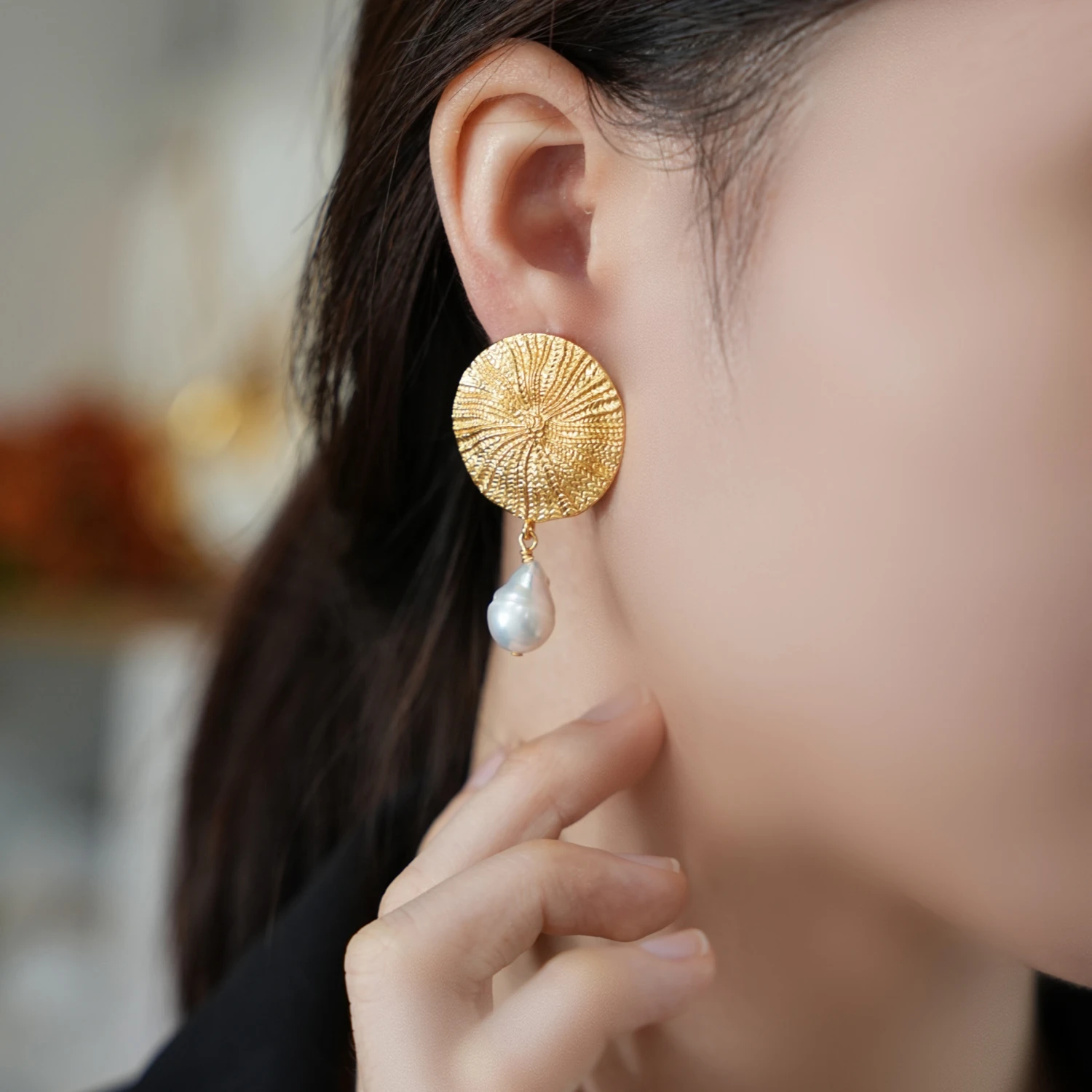 YAJUNIEL Textured Disc Natural Baroque Freshwater Pearl Dangle Earrings for Women 24K Real Gold Plated Hypoallergenic Earrings