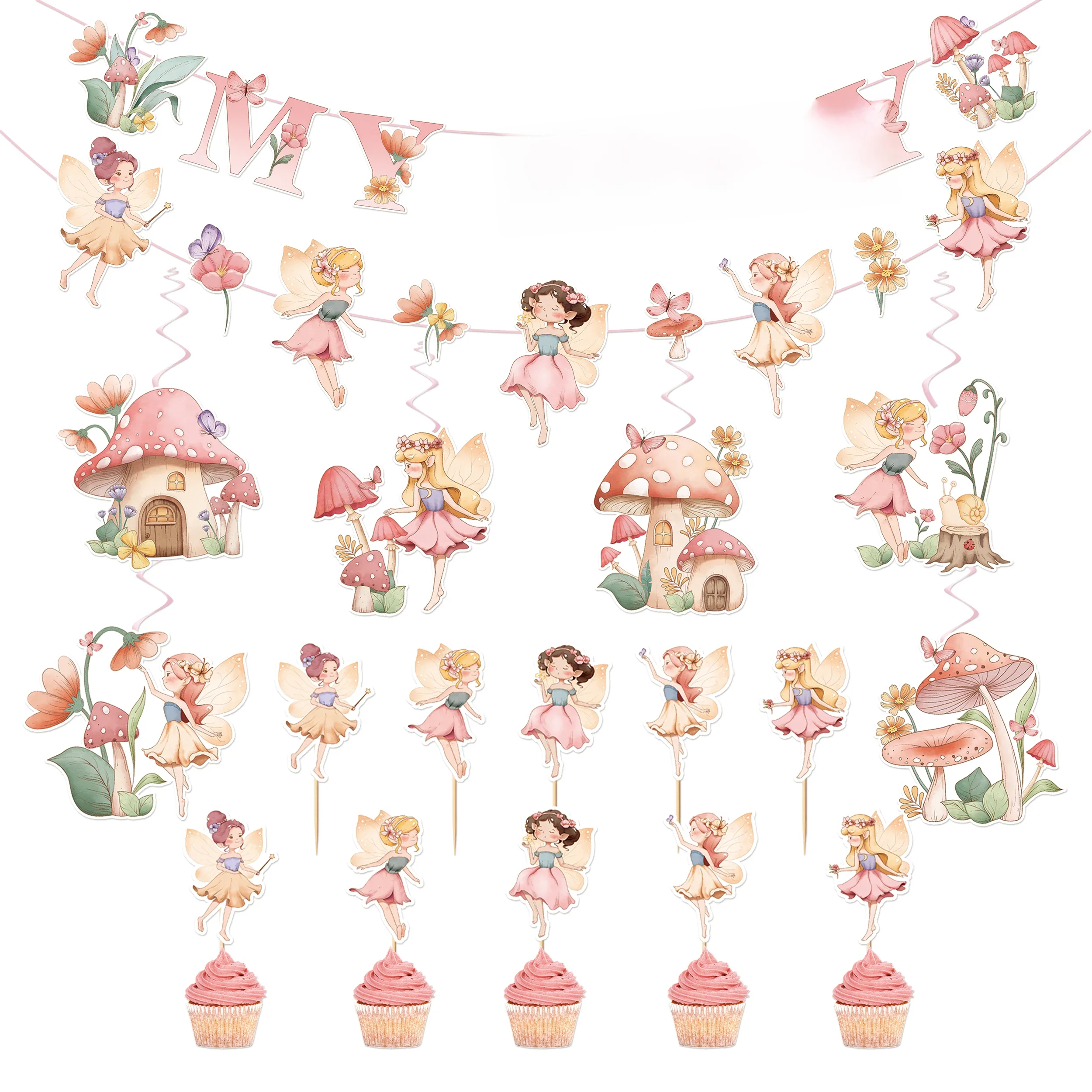 Blume Fee Pilz Schmetterling Banner ziehen Flagge hängen Spiral Girlande Anhänger Cakedeco DIY