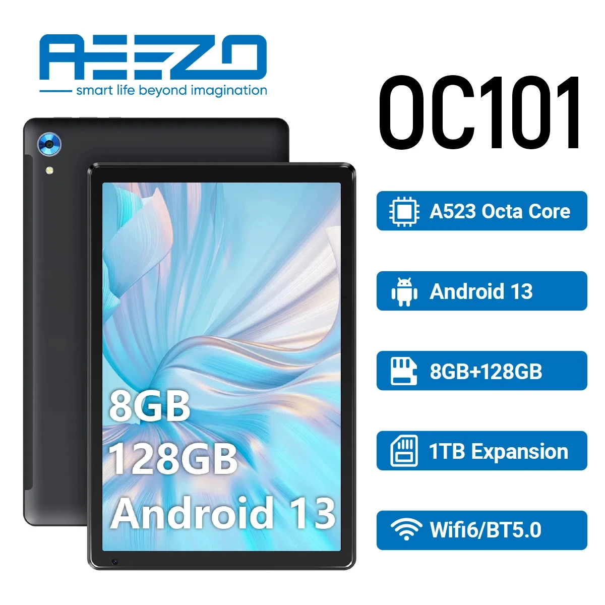 AEEZO 10-дюймовый планшет Android 13 Octa-Core 8 (4+4) ОЗУ 128 ГБ ПЗУ (1 ТБ TF) Планшет с Bluetooth5.0 WiFi 6 Планшет с быстрой зарядкой