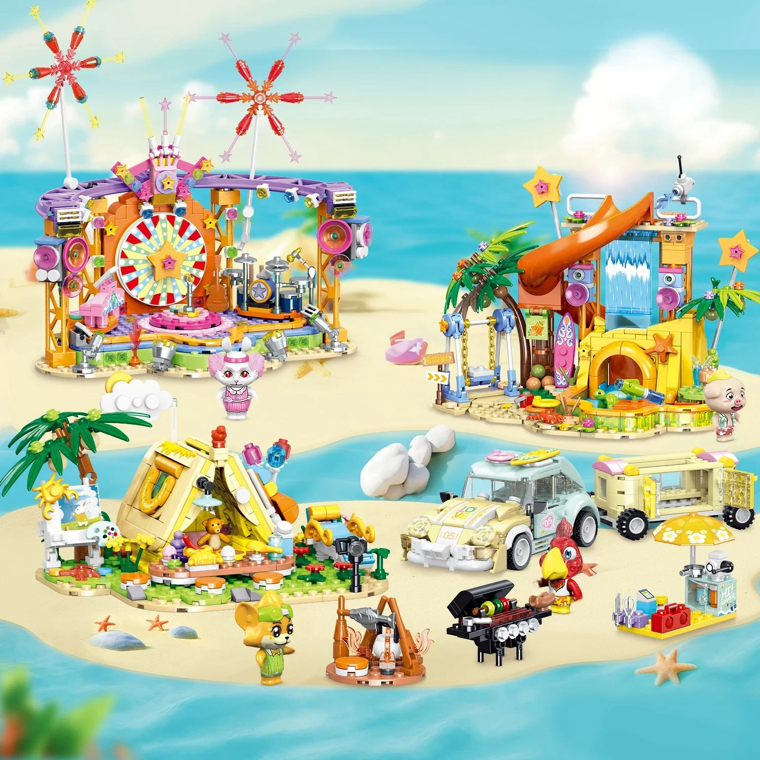 Vriend Creatieve Cartoon Strandpark Aan Zee Camping Auto Tent Bouwstenen Stad Straat Uitzicht Model Meisjes Speelgoed Kids Geschenken - afbeelding 2