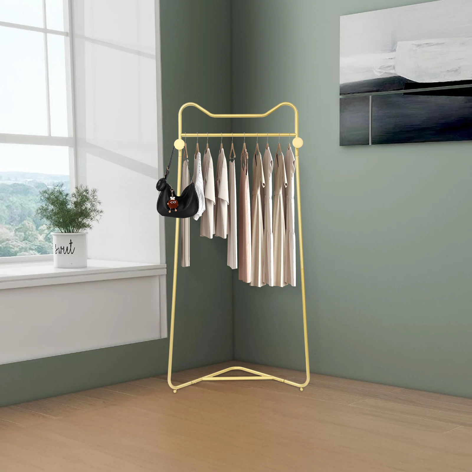 

Gold Metal Corner Coat Rack, Modern Clothing Rack Hall Tree with 2 Hooks for Clothes Hat Scarf, Freestanding Clothes Rack