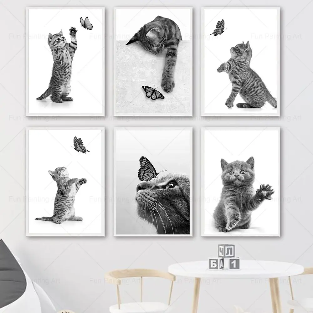 Black White Cute Cat Butterfly Funny Animal Pet Art Canvas Painting Nordic Posters And Prints Wall Picture For Living Room Decor