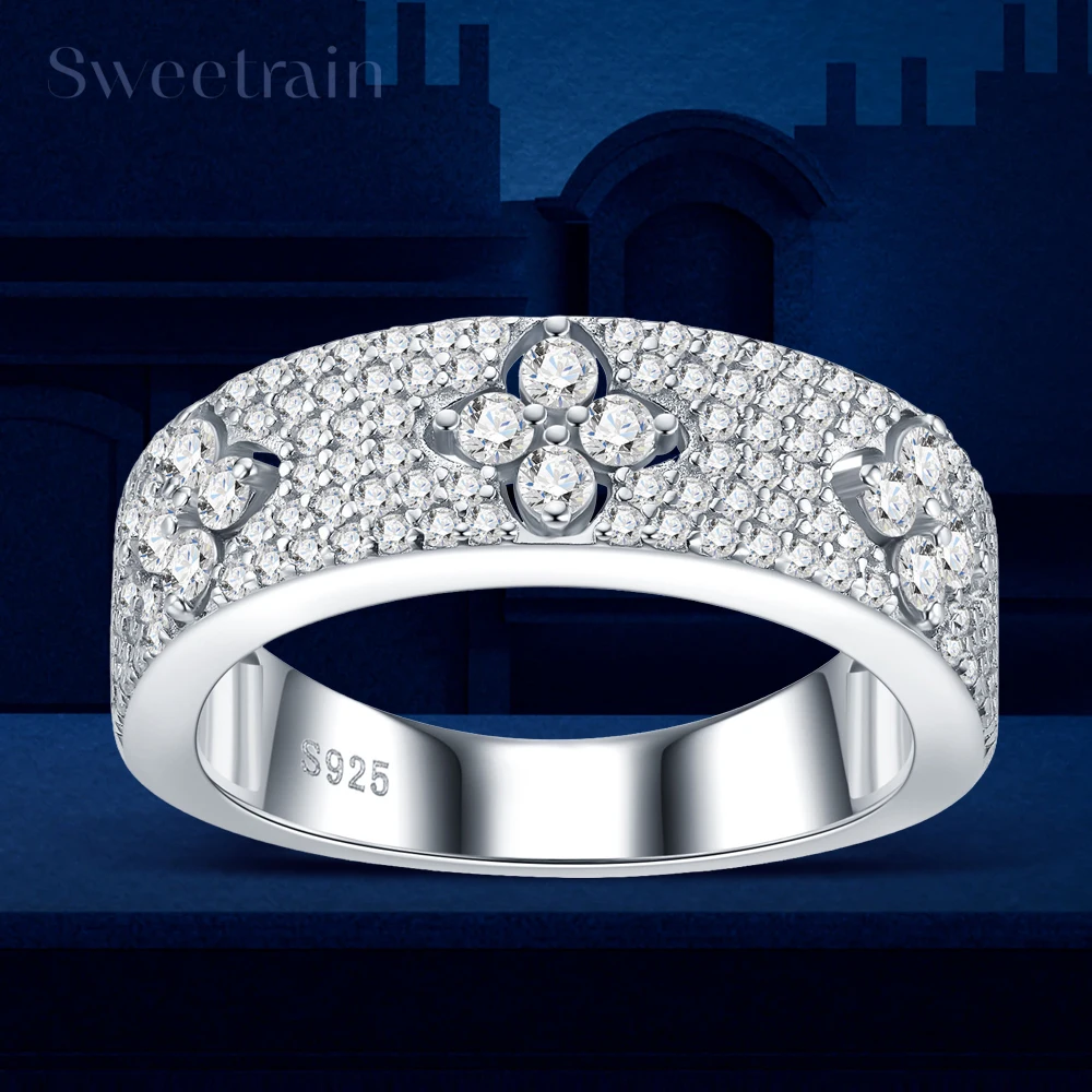 All Moissanite Half Eternity Ring 925 Sterling Silver Plated 18K White Gold Luxury Clover Wide Band Wedding Rings for Women