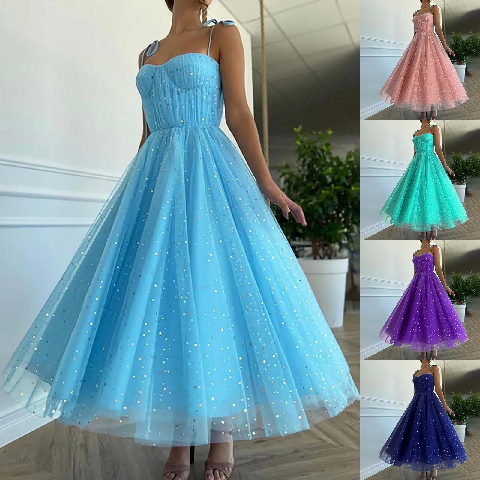 

Summer Bling Stars Sequin Prom Dresses Women Vintage V Neck Mesh Dresses Ladies Spaghetti Strap Party Tulle Dress Vestidos Mujer