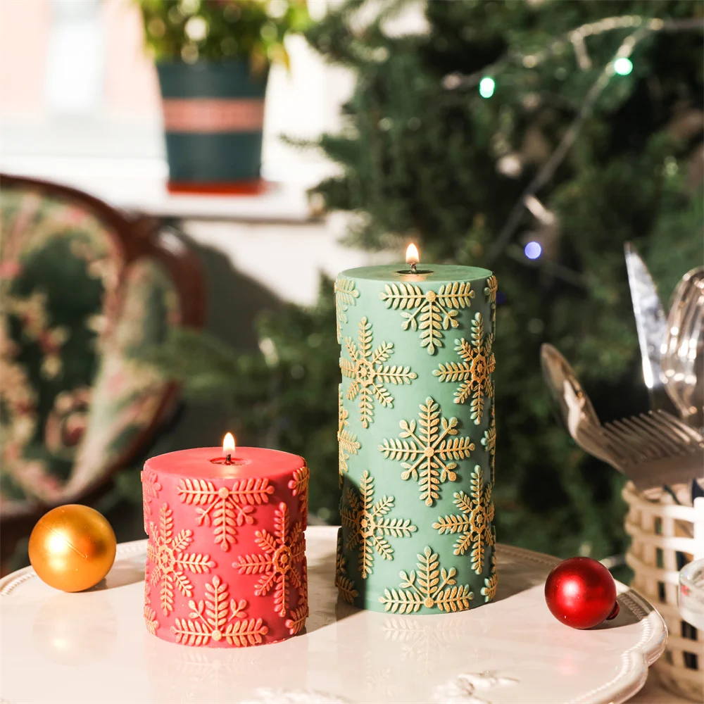 Boowan Nicole Chritsmas Pillar Candle Mold with Snowflake Pattern DIY Handmade Cylinder Candle Making Silicone Mould Xmas Festiv