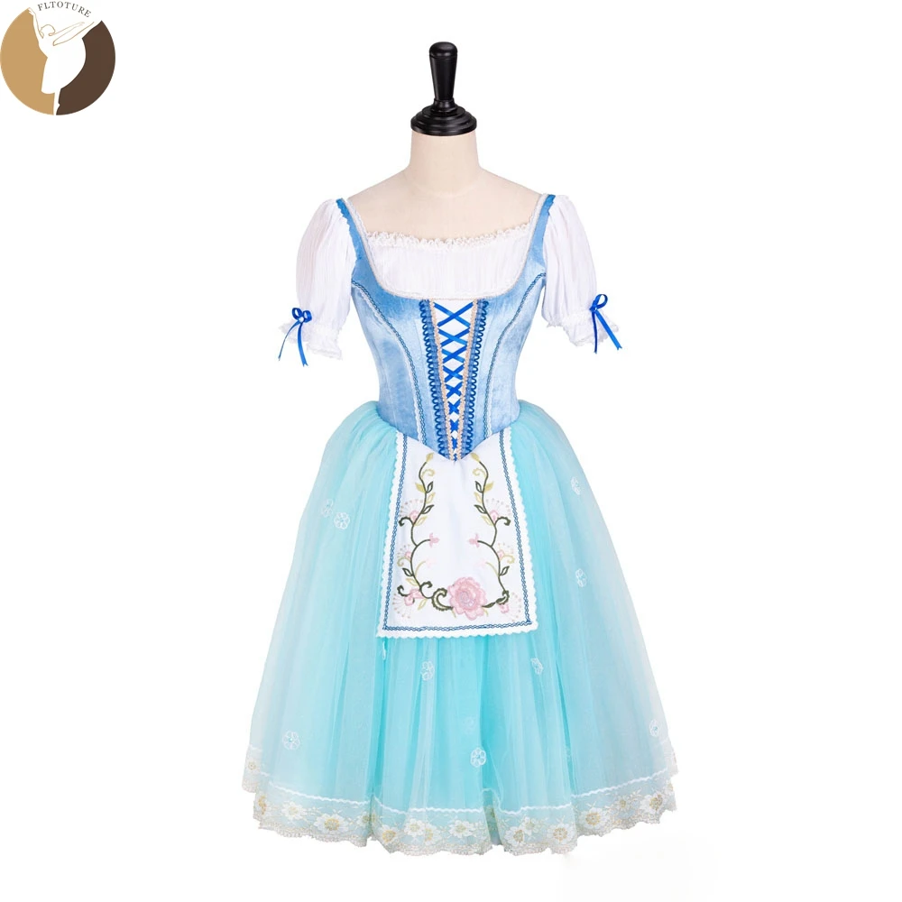 

FLTOTURE Professional Sky Blue Velvet 5 Layers Soft Tulle Long Dress For Giselle Ballet Variation La Fille Mal Gardee QW1299