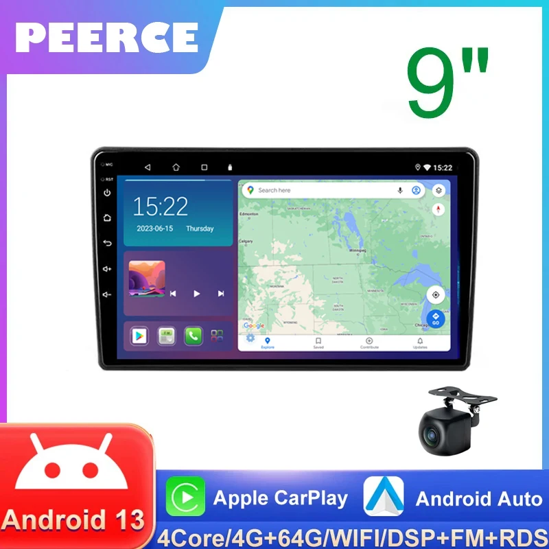 

PEERCE 9" inch Android 13 Double 2 DIN Car Radio Stereo Multimedia Player GPS Navi Wifi EU-Maps USB Camera-AHD Carplay Audio