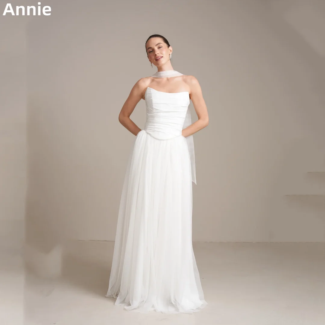 

Annie White Prom Dresses A-line Off-shoulder Tulle Evening Dresses Special Occasions Elegant Lady Party Dresses فساتين سهرة