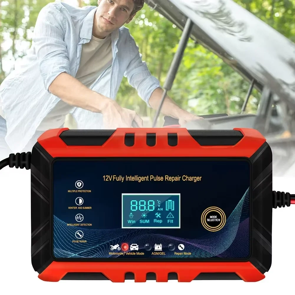 Rotes 12V 6A Autobatterie-Ladegerät, Impulsreparatur, LCD-Bildschirm, automatisches intelligentes Batterieladegerät, GEL-Ladegerät für Blei-Säure-Batterien für Autos und Motorräder
