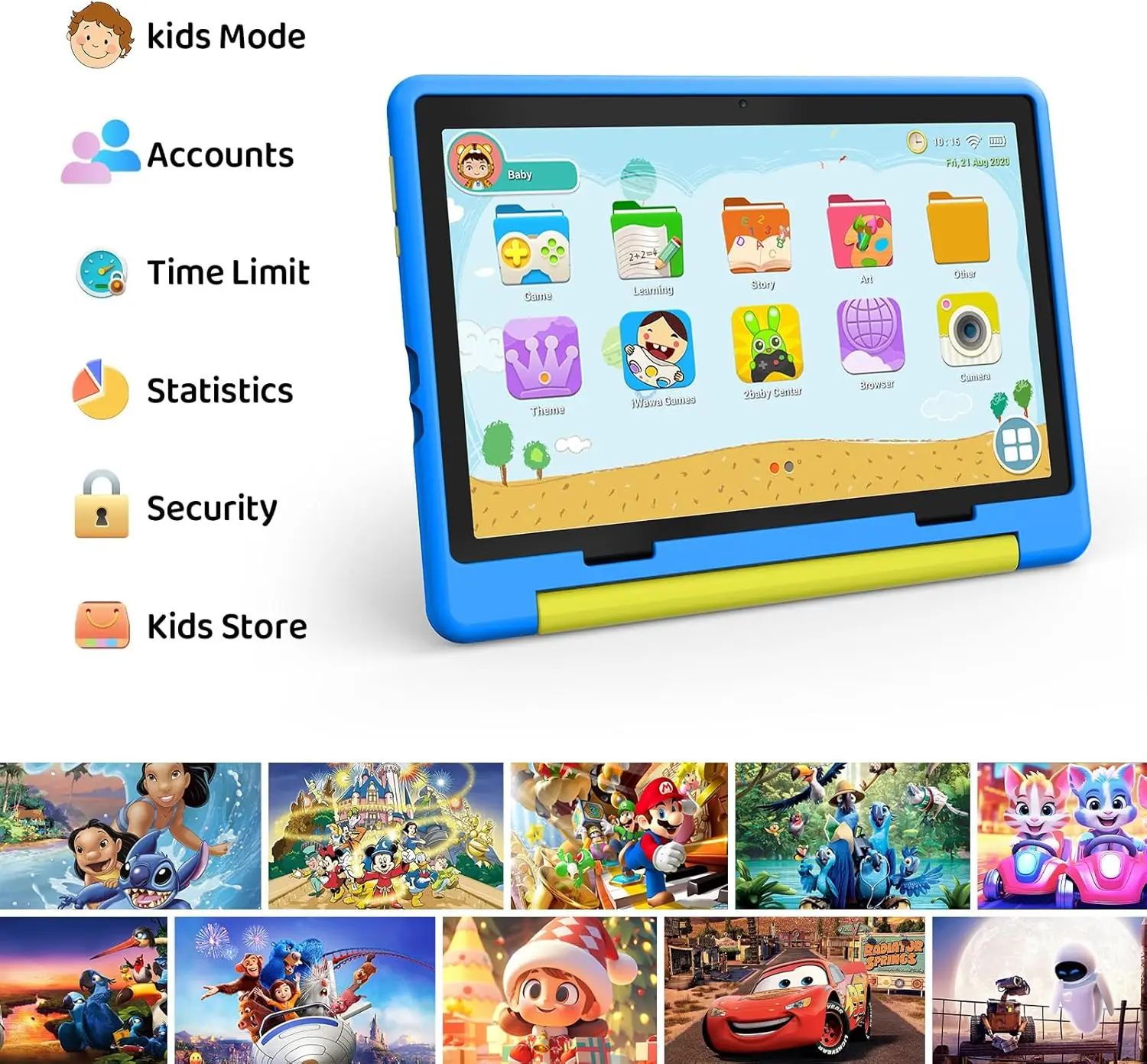 10.1 inch Kid Tablet Android 14 Octa Core 8GB RAM 64GB ROM 1TB Expand with KIDOZ App  Eye Protection Touchscreen Shockproof case