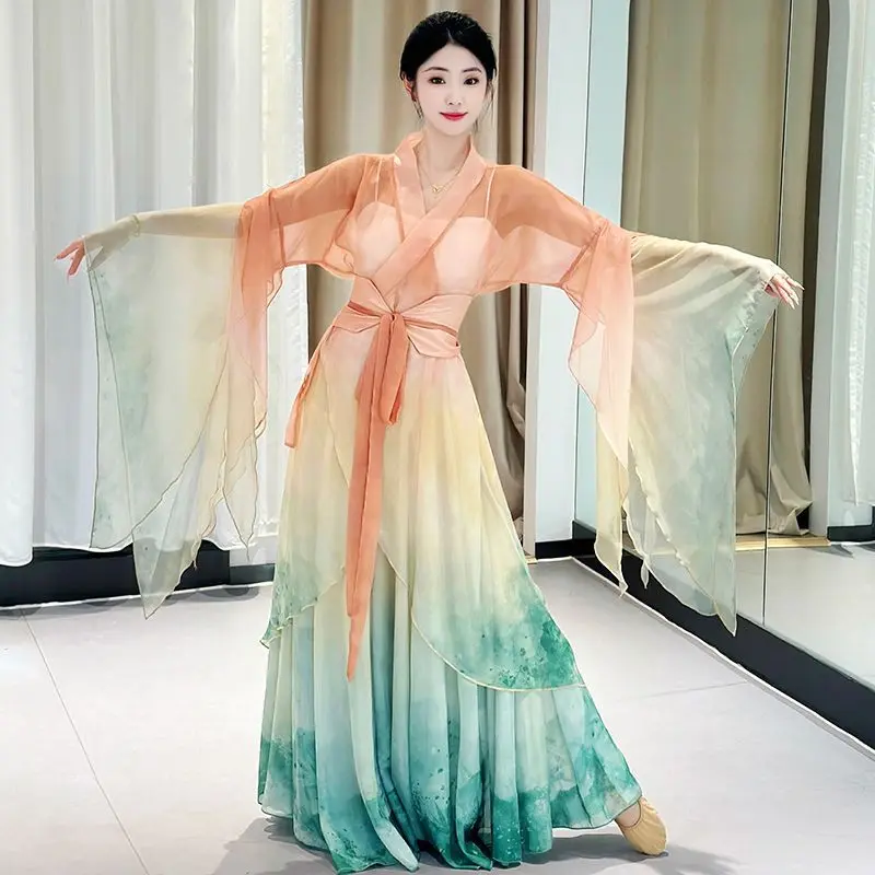 Vestido de dança chinesa feminino, fantasias de dança clássica, gaze gradiente profissional, roupas de prática