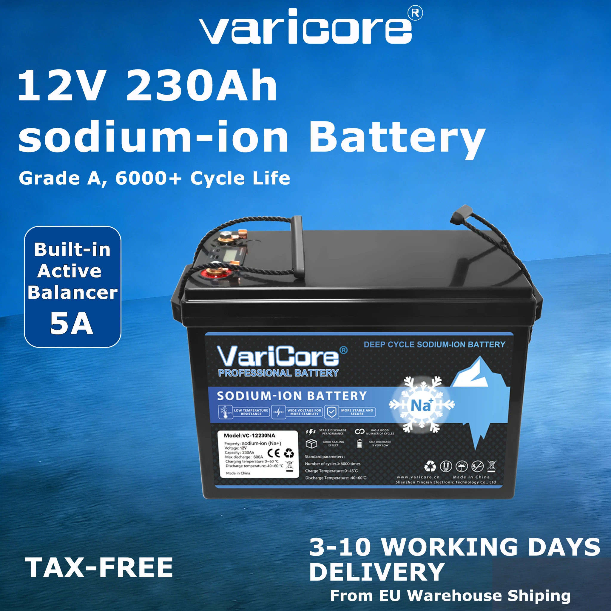 Batterie rechargeable au sodium-ion Varicore 12V/15.6V 230Ah, résistante aux basses températures, pour voiture électrique, chariot de golf, système solaire hors réseau