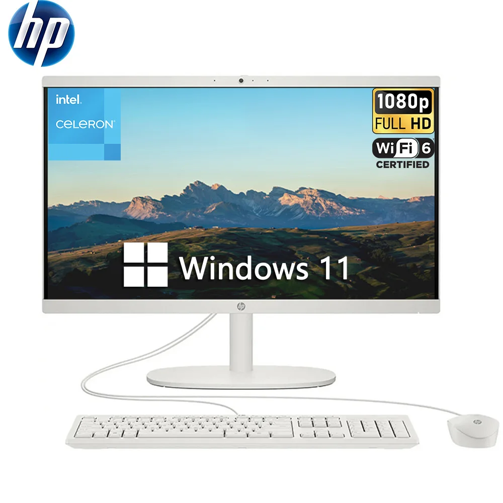 Komputer Desktop HP 21.5 inci All-in-One, layar FHD 1080P Anti silau, prosesor Intel Celeron J4025, RAM hingga 32GB, SSD 2TB