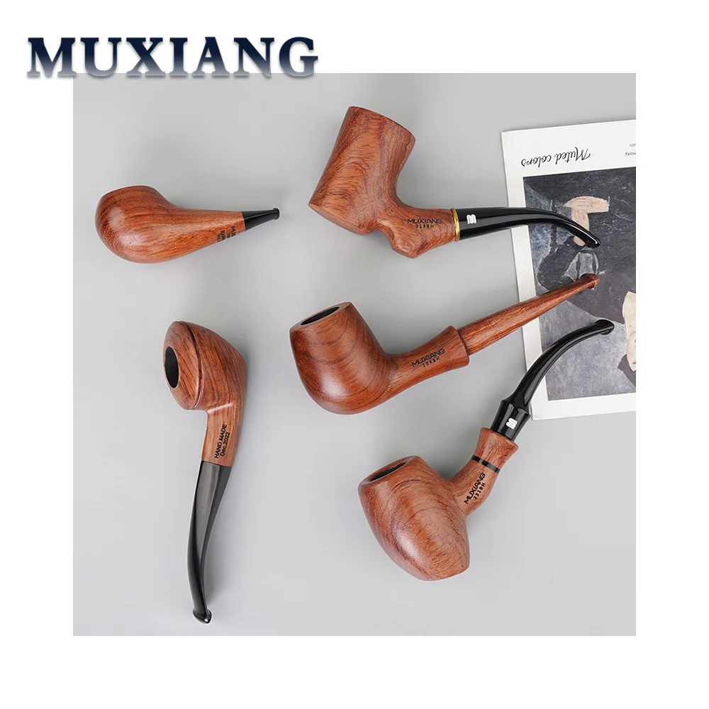 MUXIANG Importe Rosewood Classic Smoking Pipe 3/9mm Filter Bent Tobacco Pipe Gold Ring Wood Pipe with Smoke Pipe clean Accessory