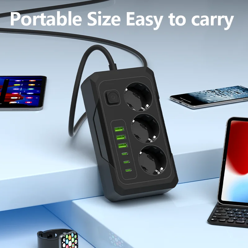 9-in-1 EU Power Strip with 3 AC Outlets & 6 USB Ports (3 USB-A + 3 USB-C Fast Charging), European Standard Safety Socket