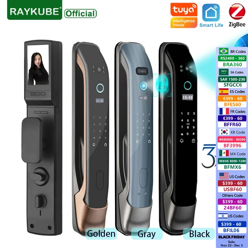 RAYKUBE DF3 3D Eletronic Zigbee Door Lock Face Recognition Tuya Biometric Fingerprint Smart Door Lock with Camera Peephole