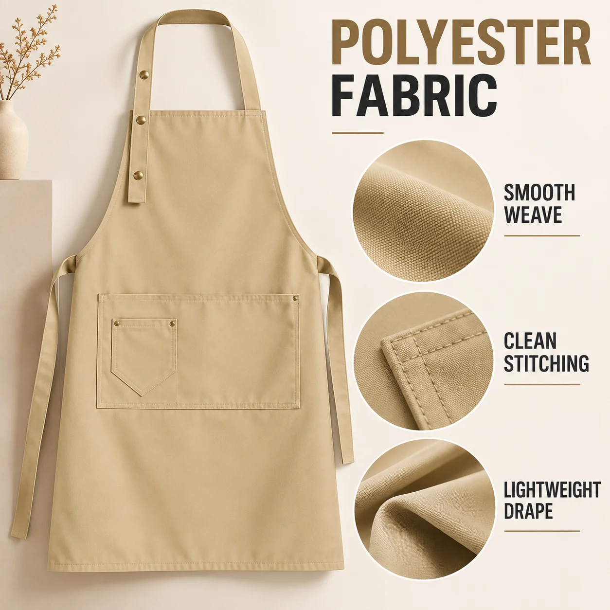 Khaki Apron 1 Piece Adjustable Button Neck Strap Cooking Apron for Kitchen and Studio Top Quality 2026