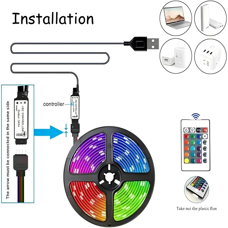 Bande lumineuse LED 5050, décoration de chambre, RVB, Bluetooth, télécommande, USB, 1m, 2m, 3m, 4m, 5m, 10m, 15m, 20m, festival