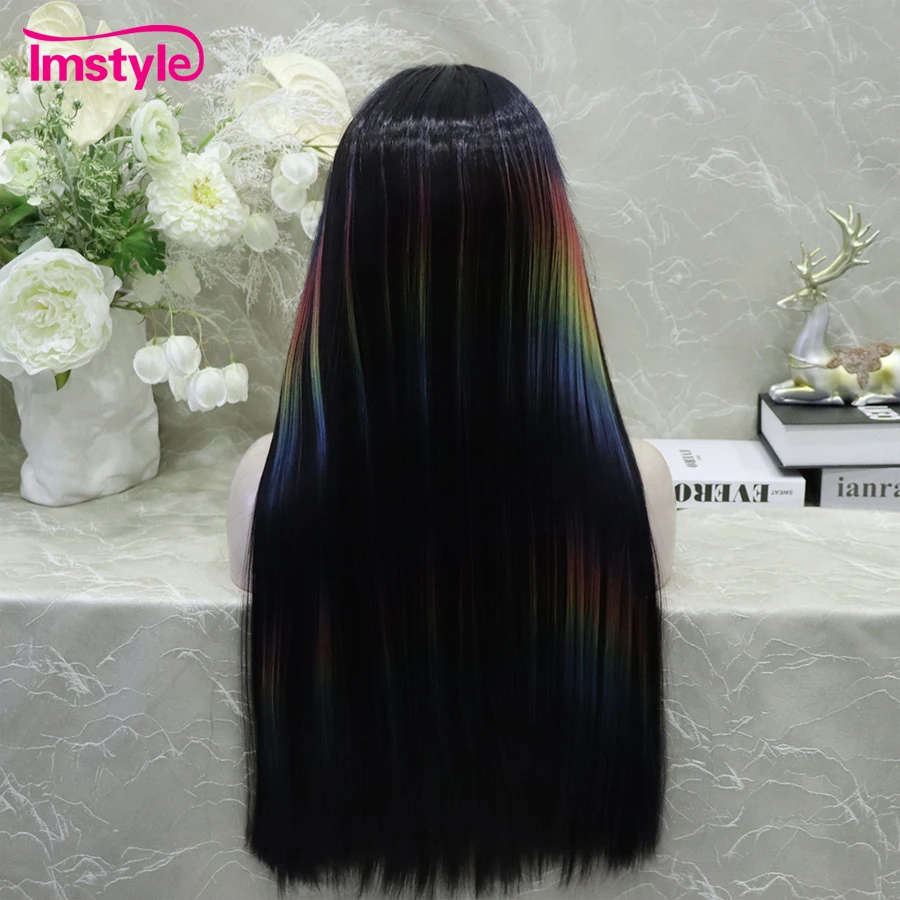 Imstyle Black Wig Straight Synthetic Lace Front Wig Highlight Colorful Long Wig Heat Resistant Fiber Wigs For Women