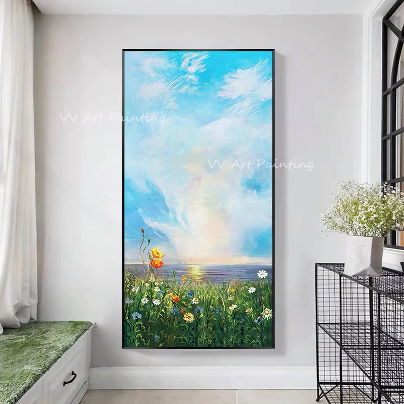 

High Quality large size simple pure white and blue sky colorful landscape Oil Painting Modern Living room Home Decoration gift