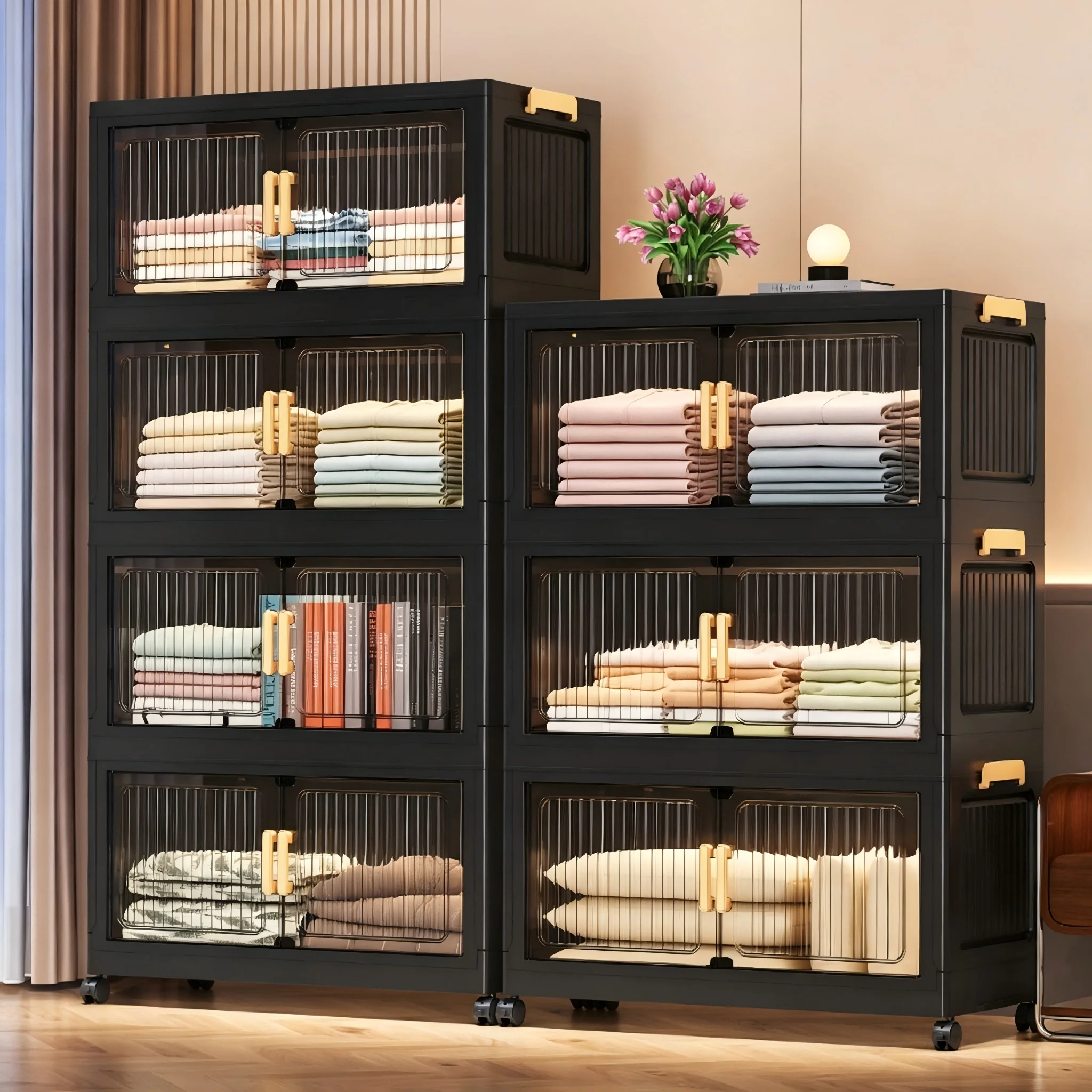 19.7in 3/4/5/6-layer Large-capacity Foldable Storage Cabinet, Transparent Door, Wheeled Plastic Storage Cabinet, Suitable for Home Use, Including Clothing, Books, and Snacks. Suitable for Bedroom, Living Room, and Entryway Use. Black.