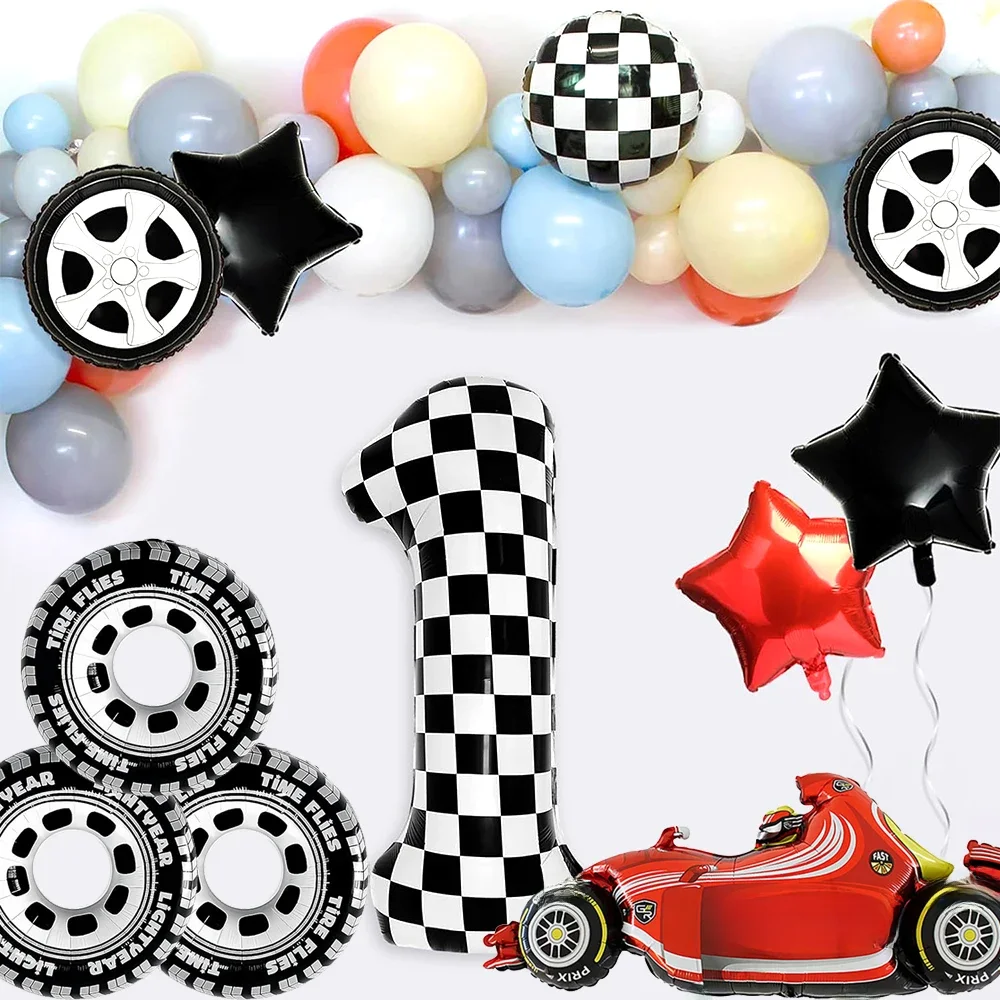 Ballons en aluminium à carreaux pour fête à thème de voiture de course, ballons pour pneus de roue de voiture, formule pour enfants, décorations d'anniversaire pour réception-cadeau pour bébé