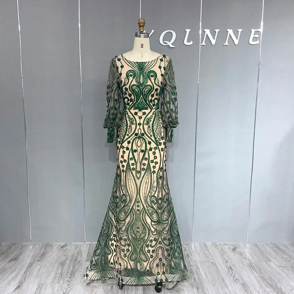 YQLNNE Elegant Green Embroidered Evening Dresses Puffy Long Sleeves Beaded Nude Lining Formal Women Mermaid Gown For Party 2023