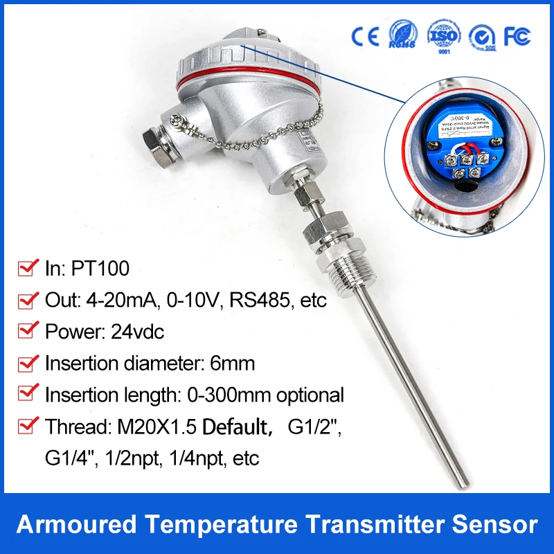 PT100 Temperature Sensors 4-20mA 0-10V Output Temperature Transmitter Probe