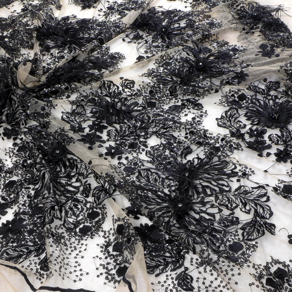 

Ткань HelluyerDc: красивое черное, бежевое, ручной работы, 3D-цветы, перья, кружево для свадебных и выпускных платьев, продается на метры