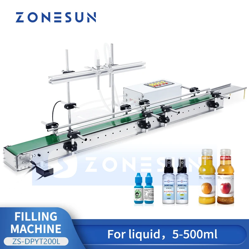 ZONESUN Auto 2-head Liquid Filler with 1.2m Belt Conveyor Heat Resistant Bottle Filler for Water Beverage Coffee ZS-DPYT200L