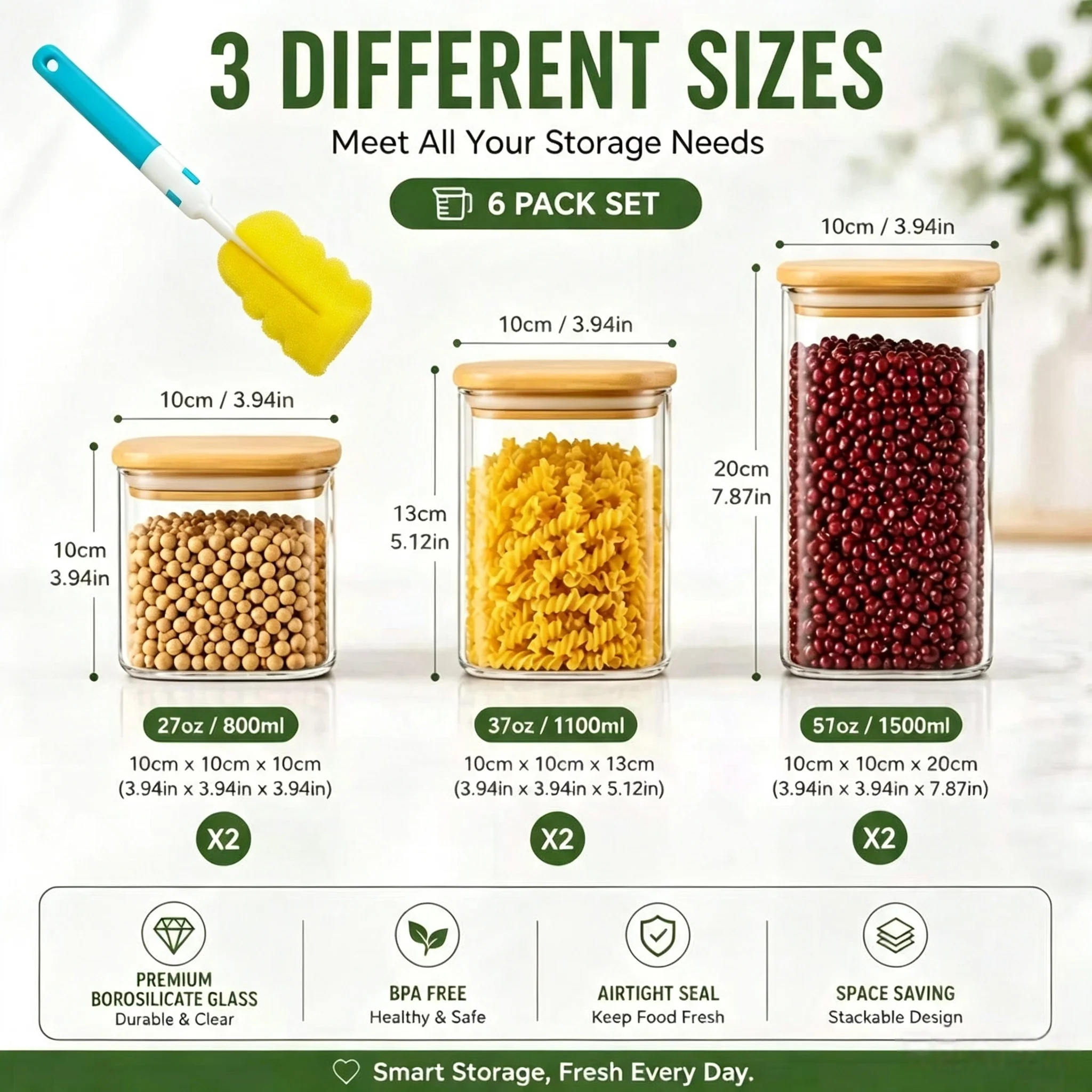 Set of 6 Square Borosilicate Glass Storage Jars with Bamboo Lids, 27/37/51oz Airtight Canisters for Pantry Coffee Flour Spices, Ideal Housewarming & Wedding Gifts view 2