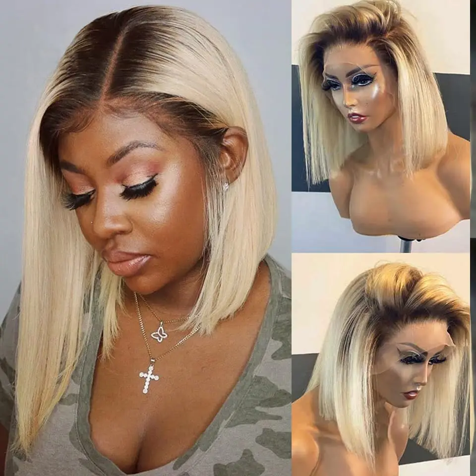 

Ombre 613 Blonde Lace Front Wigs Human Hair 13X4 HD Bob Lace Front Wig 180% Ombre 1B/613 2 Tone Straight Virgin Human Hair Wig