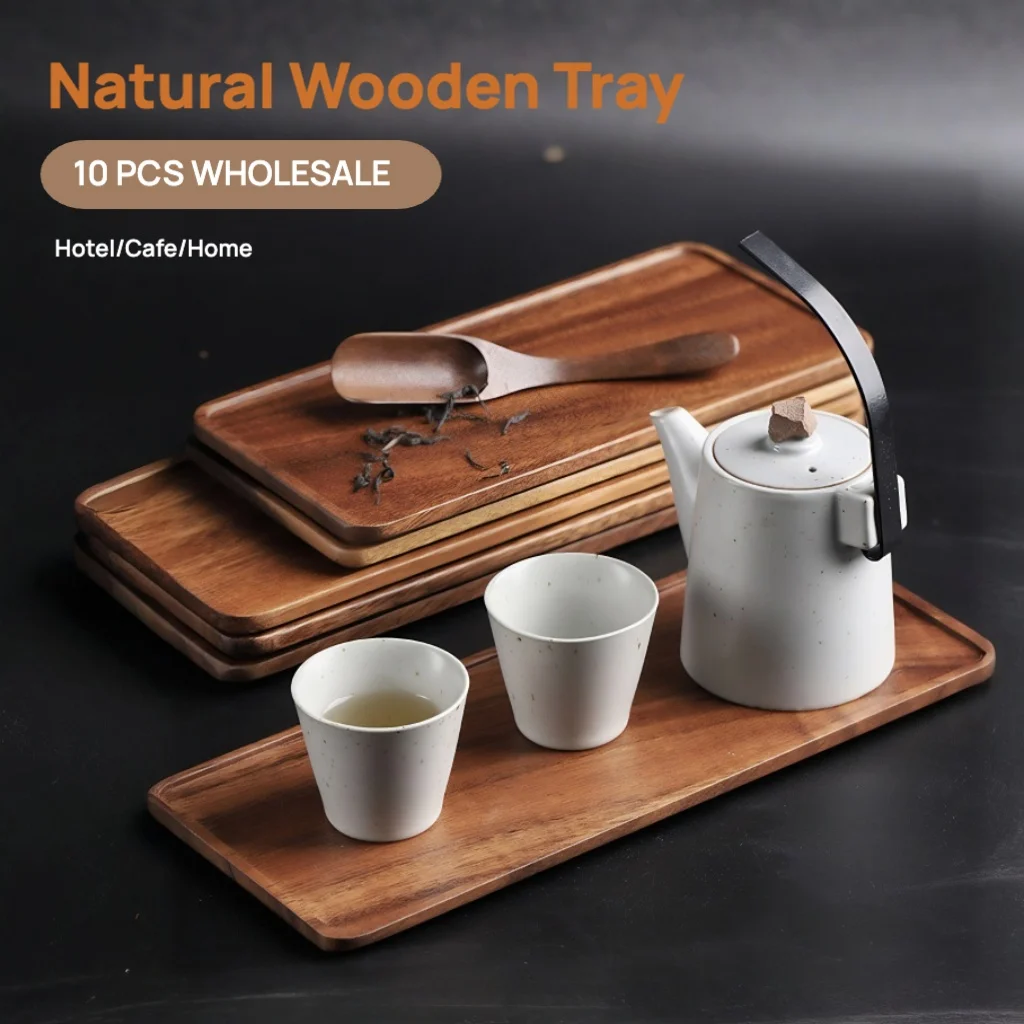 

10Pcs Wooden Serving Trays Wholesale Natural Walunt Wood Grain Seamless One Piece Design Wooden Tray for Hotels Cafes Home Decor