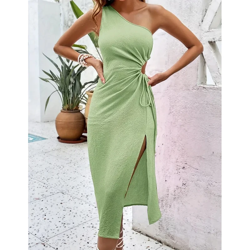 Fashion Women's Dress Slit Dresses Summer Casual Asymmetrical Shoulder Waist Tie Rope Hollow Solid Color Women's Clothing