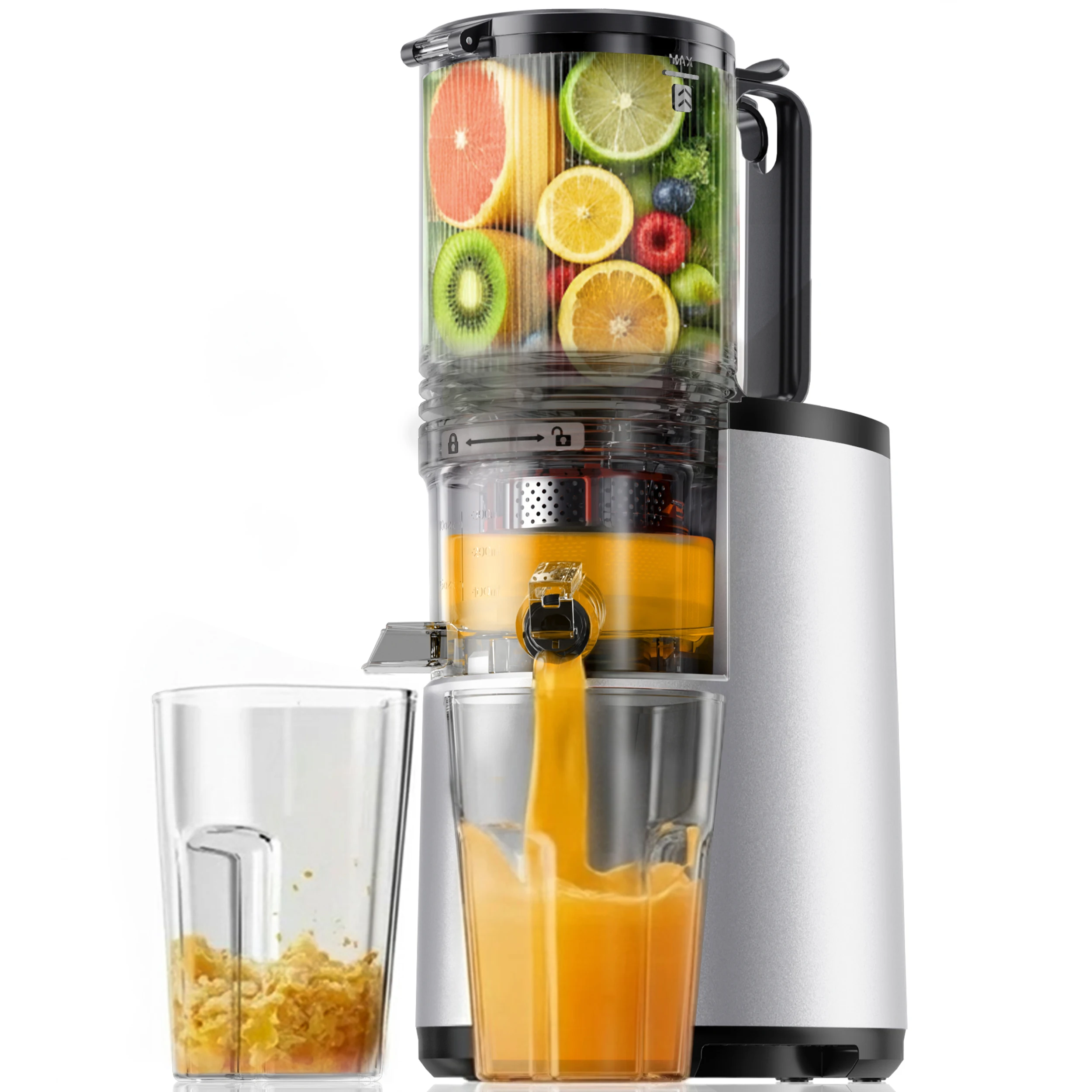 EUHOMY Stainless Steel Cold Press Slow Juicer, Feed Chute Masticating Juice Extractor, 99.6% High Yield, Reverse Anti‑Clog Function, Easy to Clean for Whole Produce