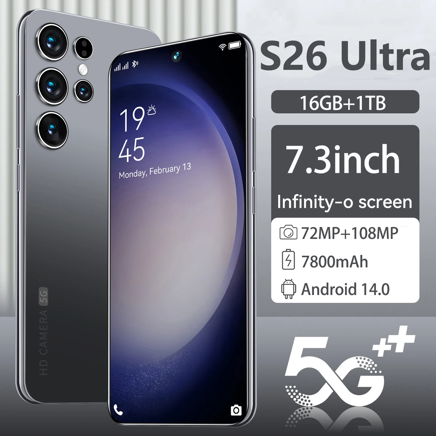 2025 HOT S26 Ultra New high-end Cellphones 7.3 inch HD Snapdragon 8 gen3 Smartphone 5g Mobile Phones 16G+1TB 7800mAh Battery