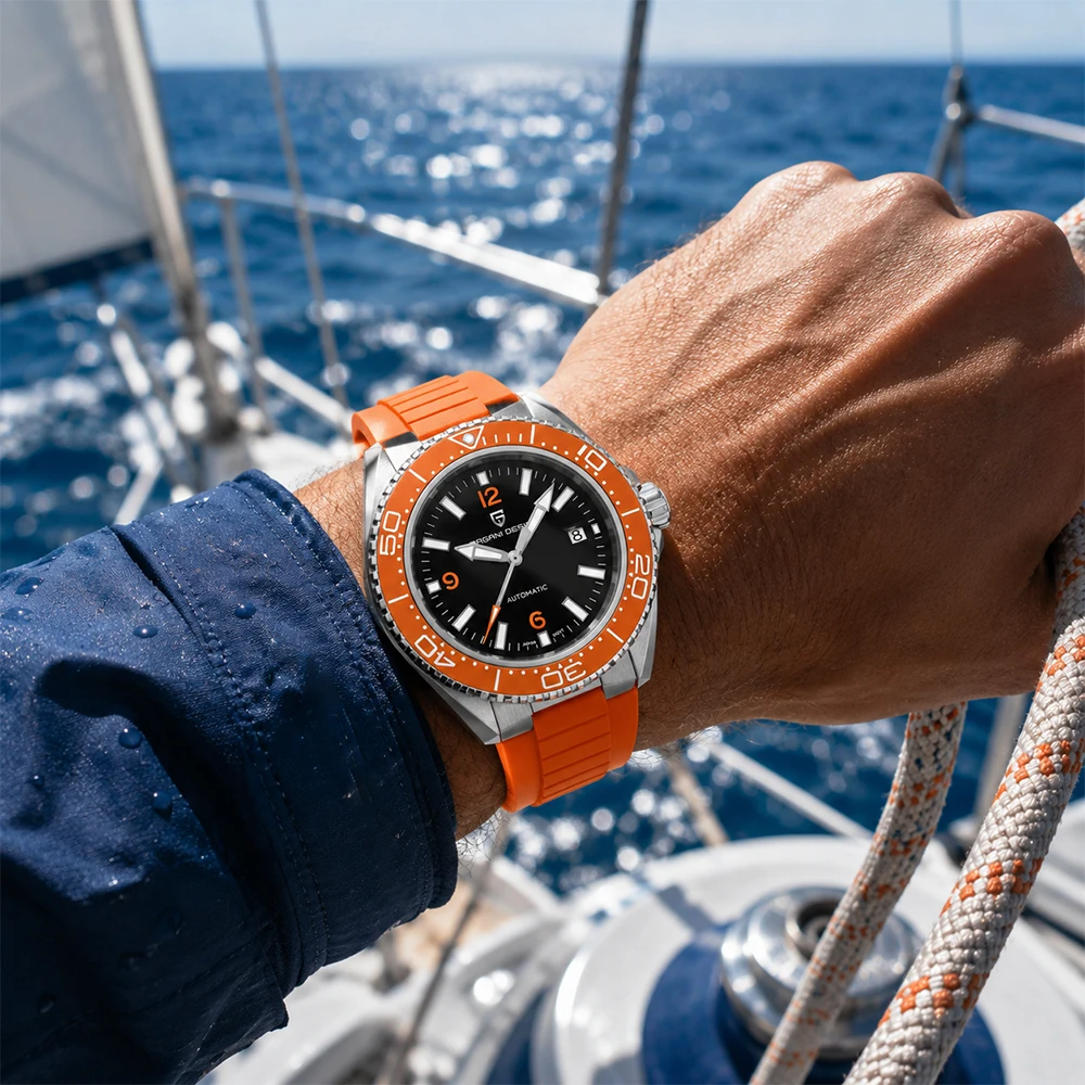 PAGANI DESIGN Black Men Automatic Watch Orange Bezel Japan Movement Stainless Steel Waterproof Diving Mechanical watches for man