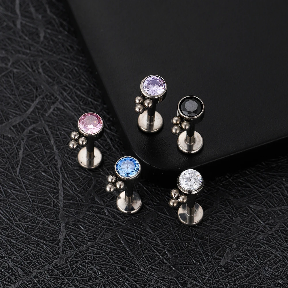 F136 Titanium 16G Piercing CZ Anodizing Internal Thread Labret Stud Earring Helix Cartilage Tragus Conch Piercing Body Jewelry
