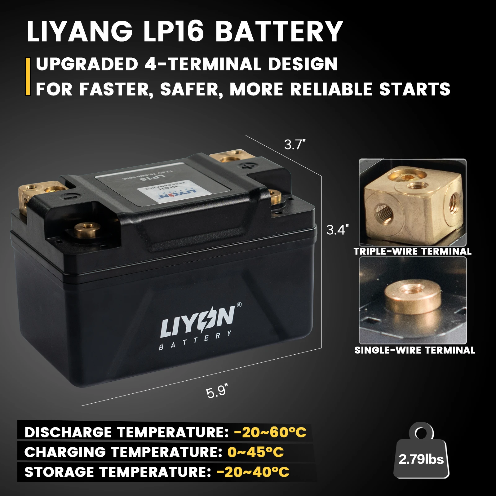 Lithium Motorcycle Battery, 12.8V 6Ah LiFePO4 Battery 420A Max Starting Current ,with Built-in BMS, Replaces YTZ10S, YTZ14S, YTX12, YTX14H, YTX20CH and YTX16, Powersports Battery, Black