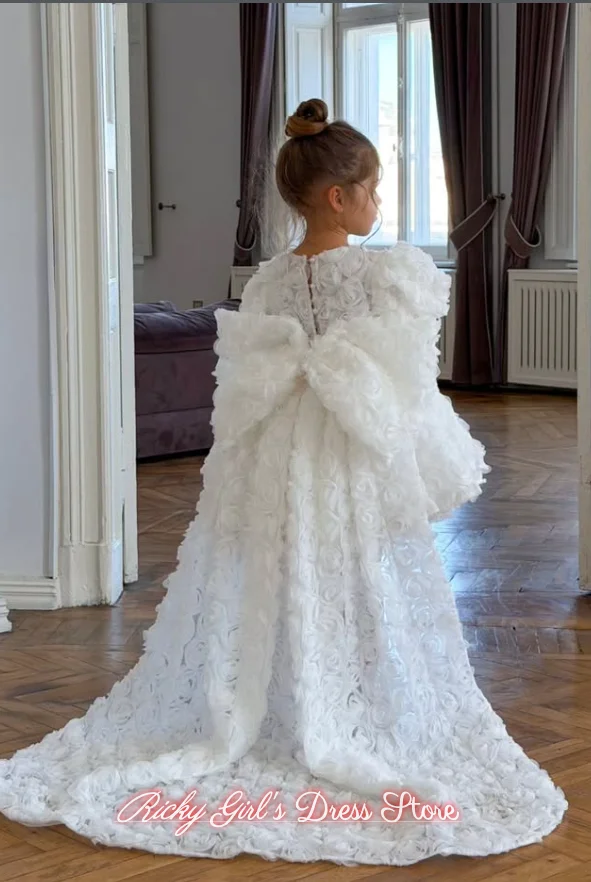 Baby Girl Princess 3D Rose Flower Dress Puff Sleeve Infant Toddler Tutu Vestido Wedding Birthday Pageant Baby Clothes 1-12y