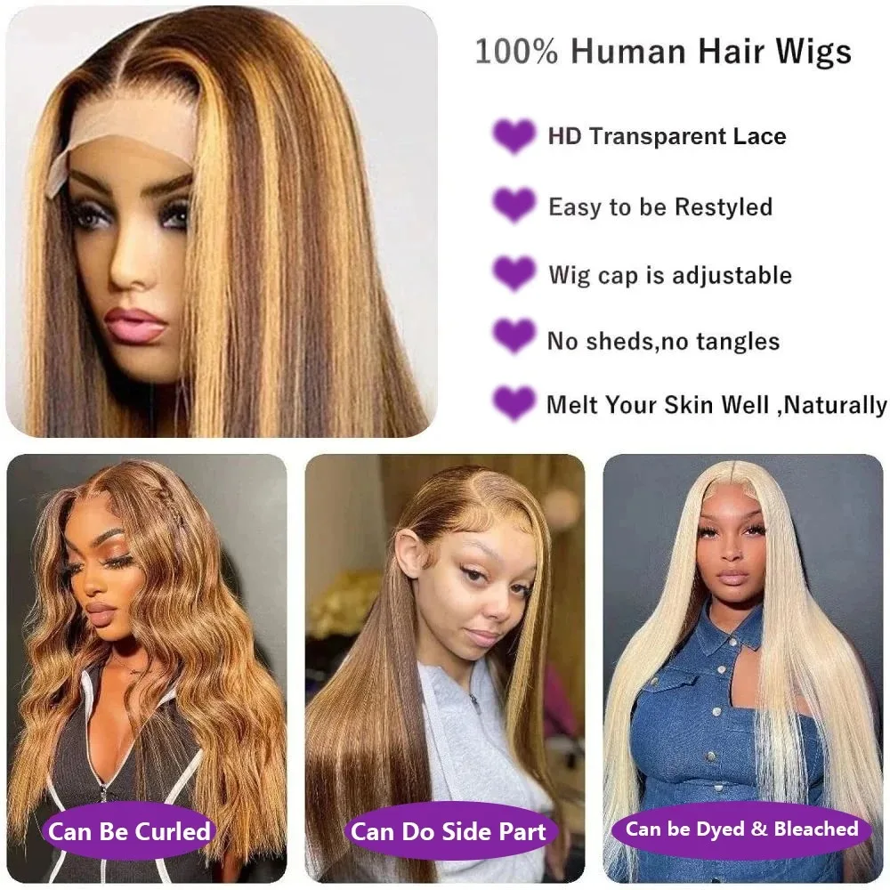 Luvin 427 Highlight Bone Straight 13x4 Lace Front Wigs Human Hair 13x6 HD Transparent Lace Frontal Wig 200 Density For Women