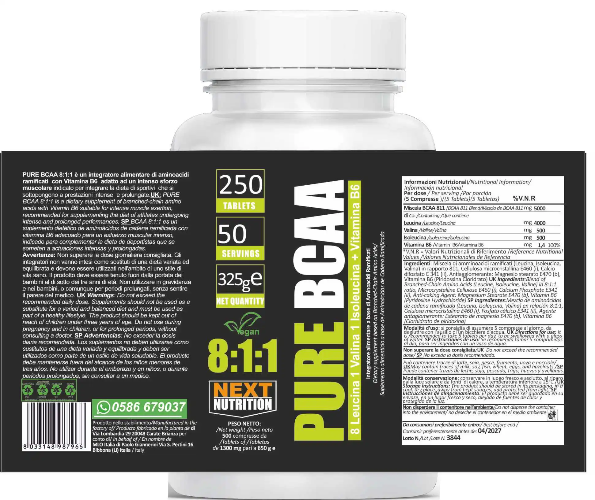 Next Nutrition BCAA 8:1:1 الأحماض الأمينية المفرعة 1000 مجم - زيادة كتلة العضلات والتعافي السريع - تمرين ما قبل التمارين الرياضية - 250 أقراص خالية من اللاكتوز مع مكمل فيتامين B6 النباتي في إيطاليا